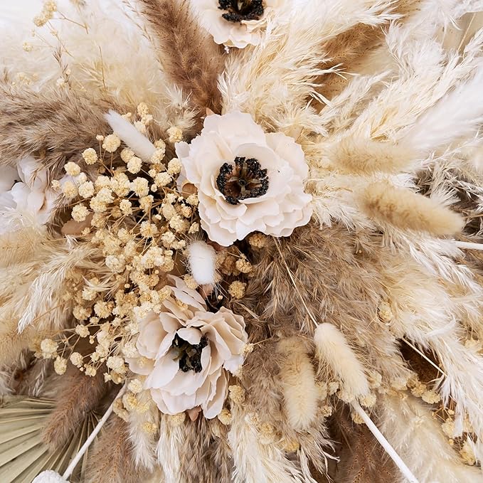 1pc DIY Modern Minimalist Pampas Grass Wall Decor – 35 Inch Natural Beige and Brown Reed Grass Arrangement for Bedroom, Office, and Gallery Walls(Ivory Cascade Wreath)