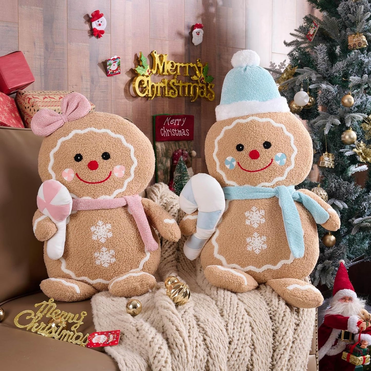 Lanpn Christmas Gingerbread Man Pillows Set of 2, Christmas Decoration Winter Throw Pillows Soft Fleece Sherpa Cute 3D Shaped Ginger Bread Man Girl Boy Throw Cushion for Sofa Bedroom Xmas Decor