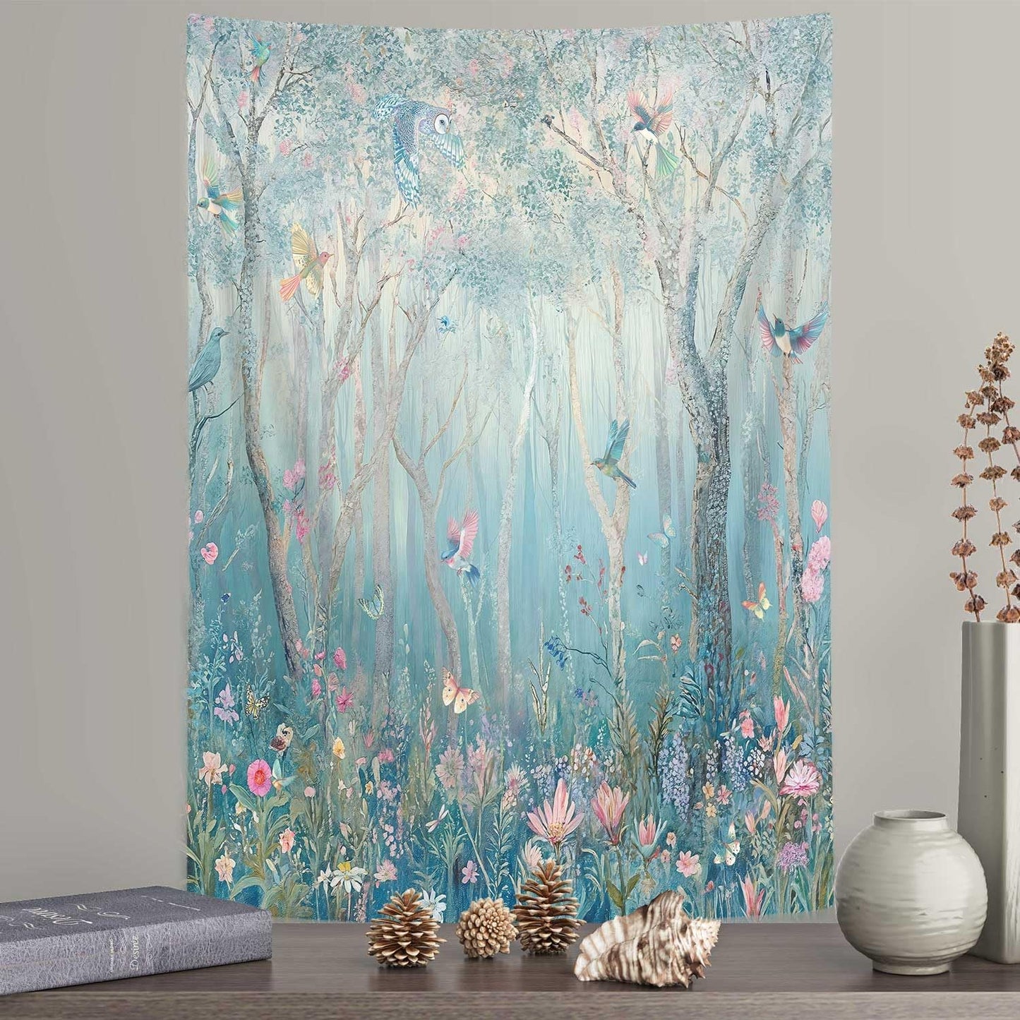 DYNH Enchanted Forest Tapestry,Fairytale Woodland Vertical Wall Hanging,Jungle with Tree Bird Flowers Plant Aesthetic for Bedroom Decor Art Tapestries Poster Blanket,40X60IN