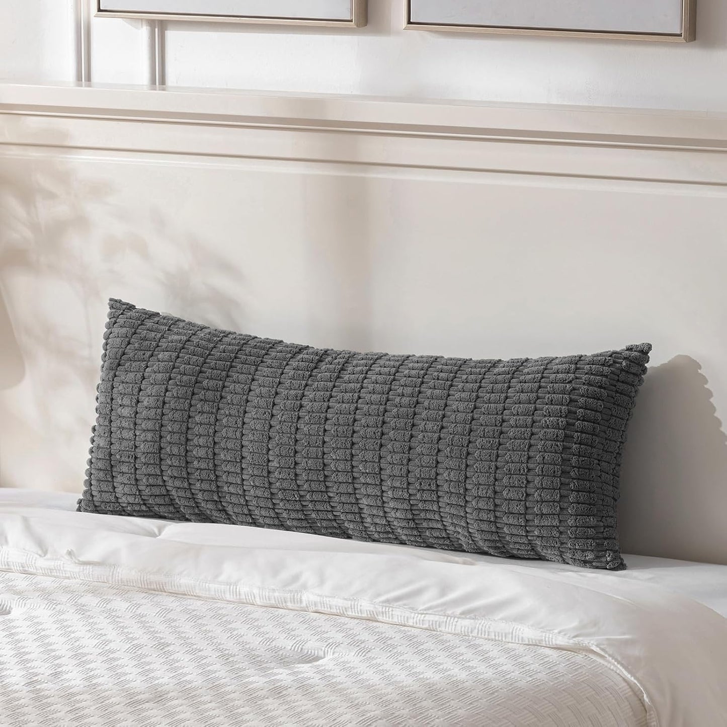Fancy Homi Dark Grey Long Body Lumbar Decorative Throw Pillow Covers 14x36 Inch for Bed Couch Bedroom Bench, Soft Corduroy Rectangle Solid Pillow Case, Rustic Farmhouse Boho Room Decor