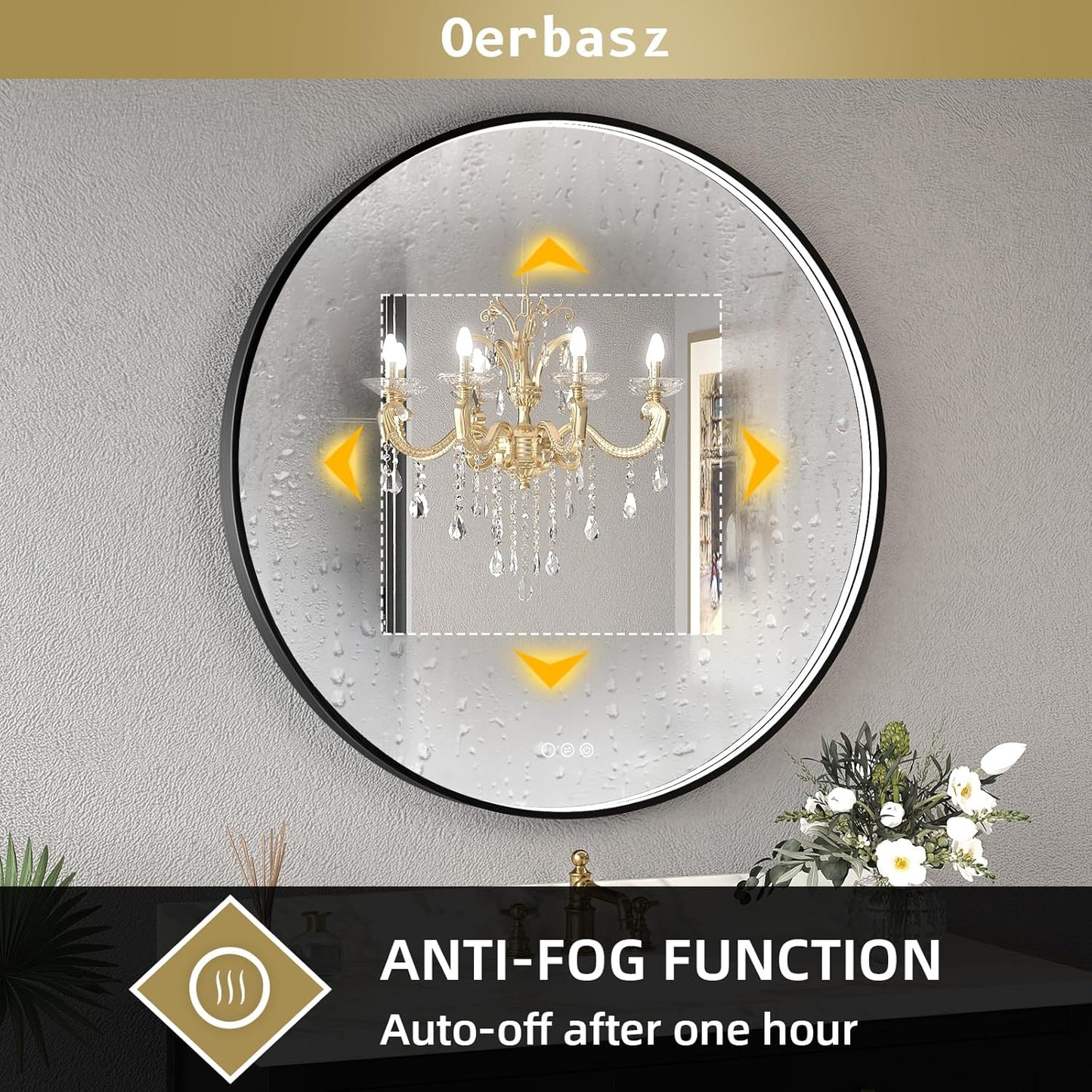 LED Bathroom Mirror with Black Framed 24 Inch, LED Mirror for Bathroom with Anti-Fog, Stepless Dimmable, Front Lit, Memory Function, Shatter-Proof