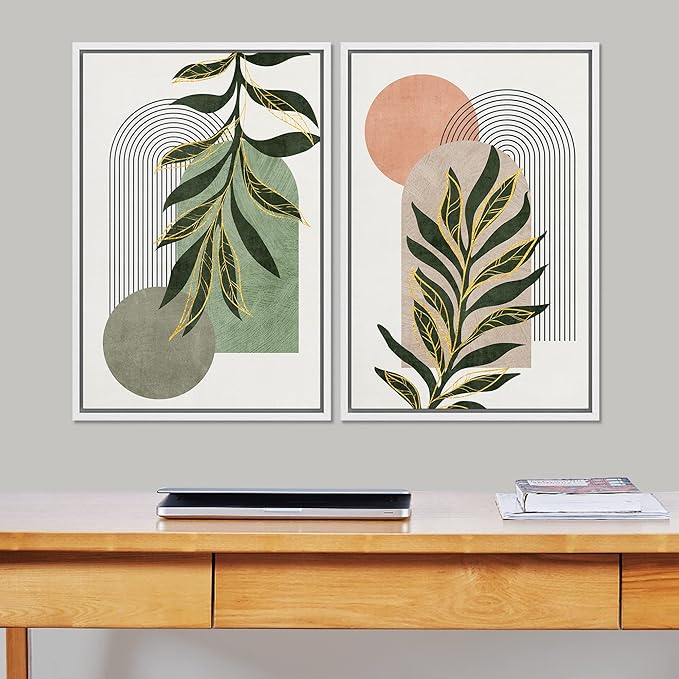 SIGNFORD Framed Canvas Print Wall Art Set Jungle Palm Leaf Geometric Polygons Abstract Shapes Illustration Modern Art Decorative Nordic Nature for Living Room, Bedroom, Office - 24"x36"x2 White
