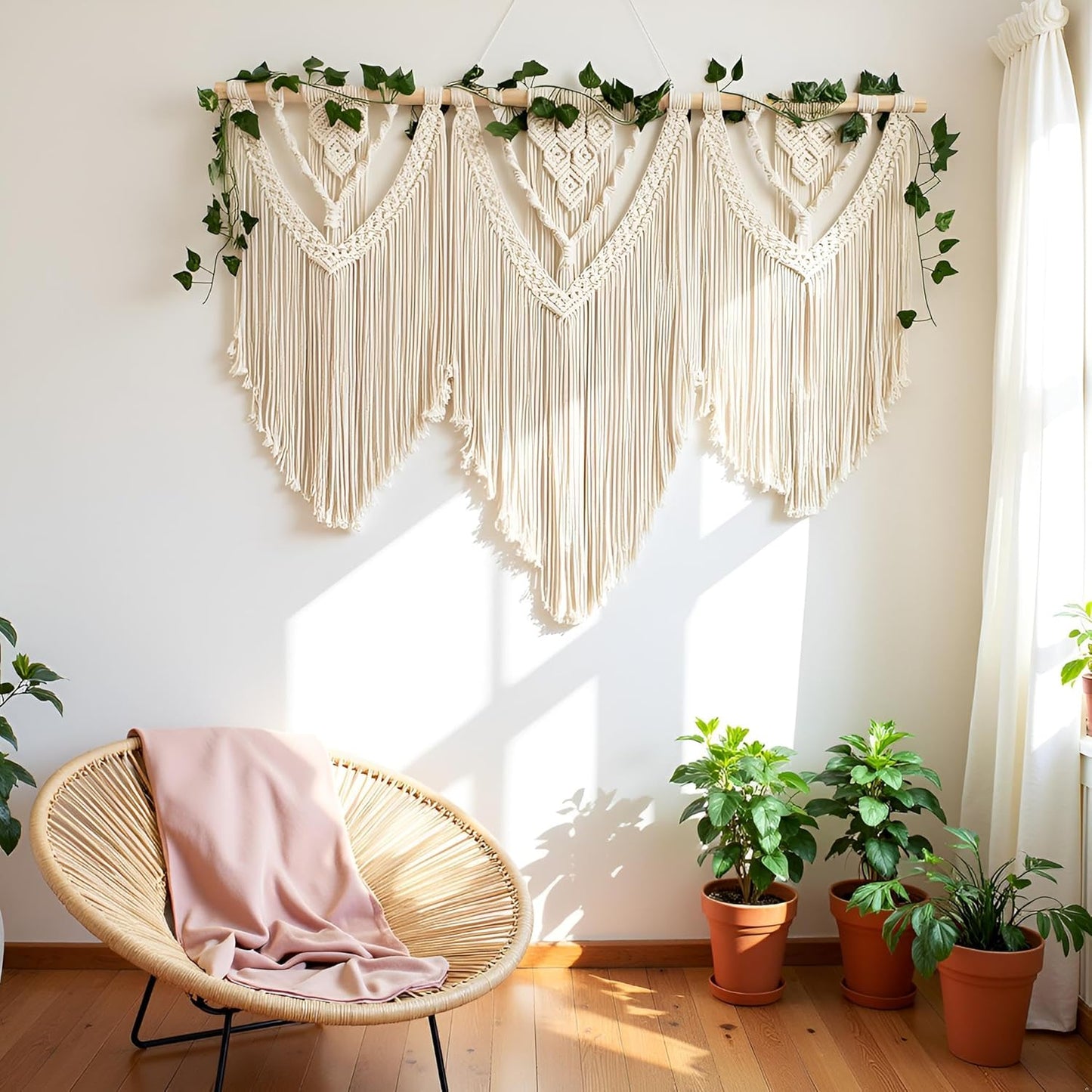 guzhiou large macrame wall hanging - Boho Tapestry Macrame Wall Decor Art- Chic Bohemian Handmade Woven Tapestry Home Decoration for Bedroom Living Room Apartment Wedding Party - 43"x32" (with Ivy)