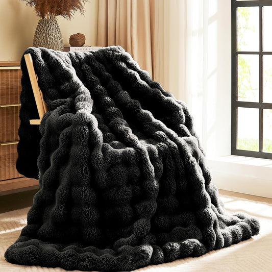 L'AGRATY Faux Rabbit Fur Blanket: 50" x 60" Luxury Soft Fluffy Thick Fur Throw Blanket for Couch Bed Sofa - Cozy Plush Bubble Blankets for Winter: Warm Flannel Fleece Decorative Blanket(Black)