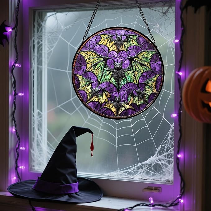 Stained Glass Window Hanging - Halloween Decorations Bats Suncatcher for Doors Garden Indoor Spooky Funny Purple Sun Catchers Gothic Decor Horror Gifts for Women Men Friend 9.8 in