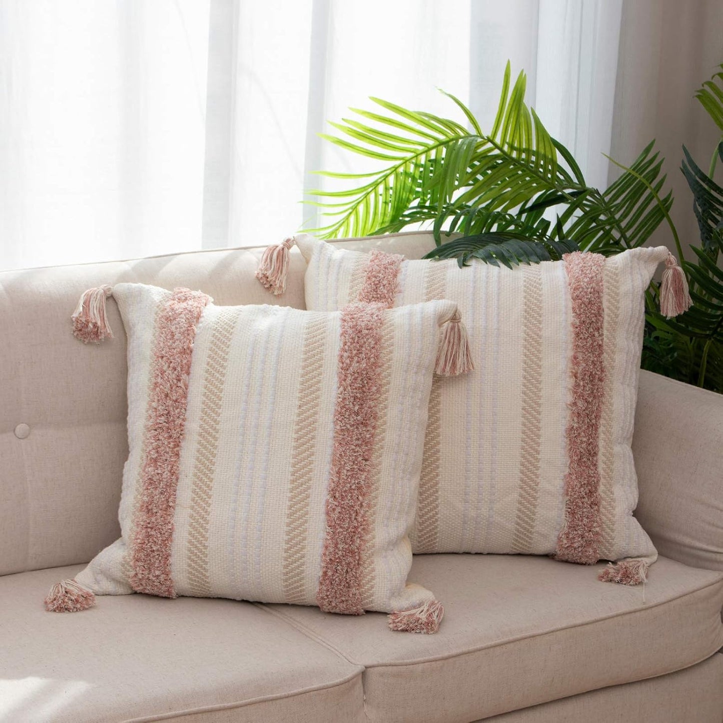 blue page Boho Throw Pillow Covers Square Neutral Tufted Decorative Pillows Cover for Couch Bed, 22x22 Pillow Cover Modern Accent Woven Large Farmhouse Pillow Case, Pink