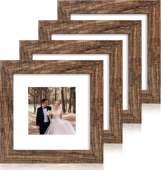 iRahmen 6x6 Picture Frame Set of 4 with Real Glass, Rustic Frames Display 4x4 Picture with Mat or 6 x 6 Without Mat, Wood Square Photo Frame for Wall Mount and Tabletop Display