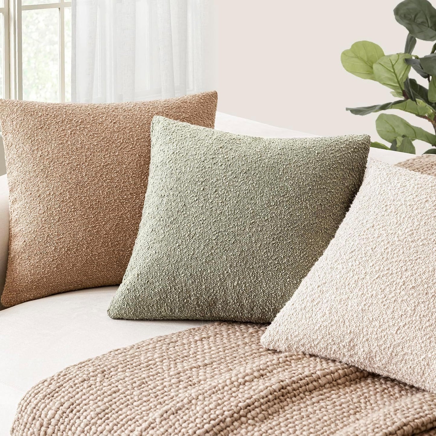 Foindtower Decorative Textured Boucle Throw Pillow Covers Accent Solid Pillow Cases Neutral Soft Cozy Couch Cushion Case for Chair Sofa Bedroom Living Room Home Decor 22x22 Inch,1PC,Dirty Sage Green