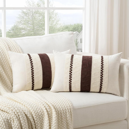 Fancy Homi Set of 2 Boho Brown Long Lumbar Decorative Throw Pillow Cover 12x24 Inch for Couch Bed Sofa Chair, Modern Organic Farmhouse Home Decor, Soft Cotton Cute Accent Rectangle Cushion Case
