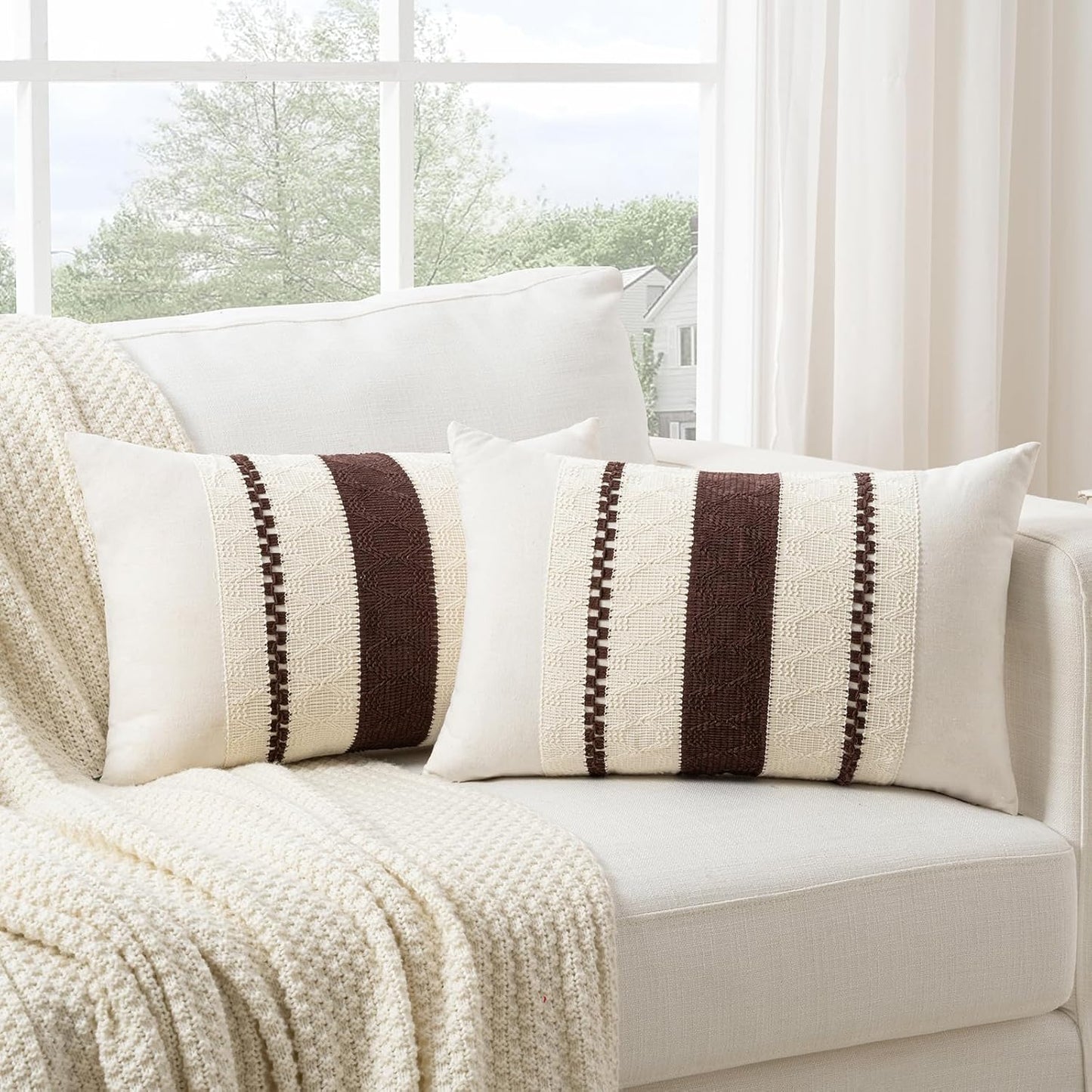 Fancy Homi Set of 2 Boho Brown Lumbar Decorative Throw Pillow Cover 12x20 Inch for Couch Bed Sofa Chair, Modern Organic Farmhouse Home Decor, Soft Cotton Cute Accent Rectangle Cushion Case