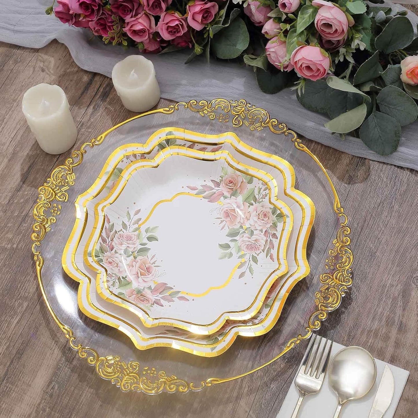 Efavormart 25 Pack | White/Gold Floral 8" Scallop Rim Dessert Appetizer Party Paper Plates, Disposable Salad Plates - 300 GSM