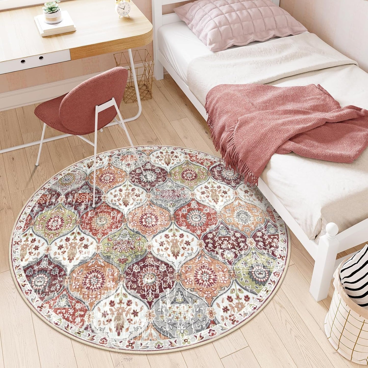 Lahome Moroccan Trellis Round Area Rugs, Washable Small Round Rug 3ft Non-Slip, Soft Vintage Ultra-Thin Circle Carpet for Bedroom Entryway Kitchen Laundry Bathroom, Orange/Terracotta