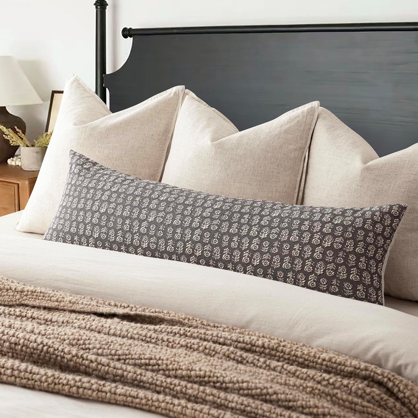 Foindtower Set of 2 Decorative Vintage Long Lumbar Throw Pillow Covers Neutral Modern Farmhouse Cushion Covers Floral Home Decor for Sofa Couch Chair Bedroom Living Room,14×36 Inch,Rustic Gray