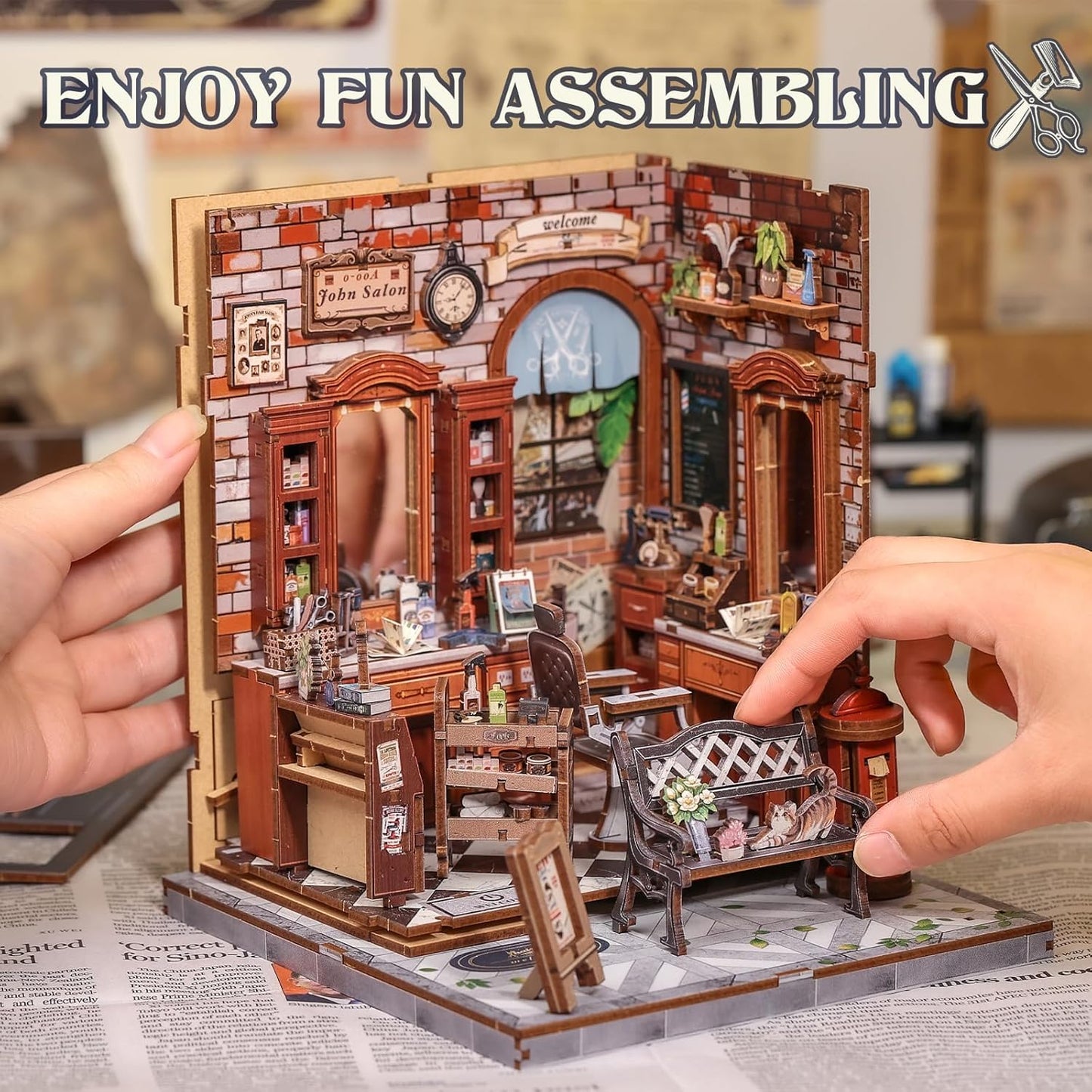 Cutefun Book Nook Kit - DIY Miniature Dollhouse Kit for Adults and Teens, Retro Barbershop Mini House Building Kit with LED Bookshelf Insert Decor Creative Gifts (John's Hair Salon)