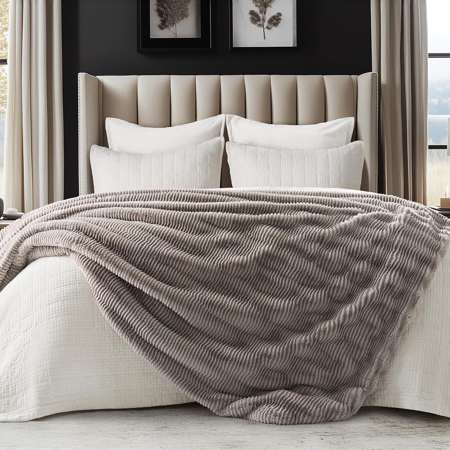 EVERGRACEHOME Ultra Soft Faux Fur Throw Blanket for Couch, Luxury Sculpted Texture Faux Rabbit Fur Blanket for Bed, Fluffy Thick Plush Warm Fuzzy Throw, 920GSM (Taupe, 50''x60'')