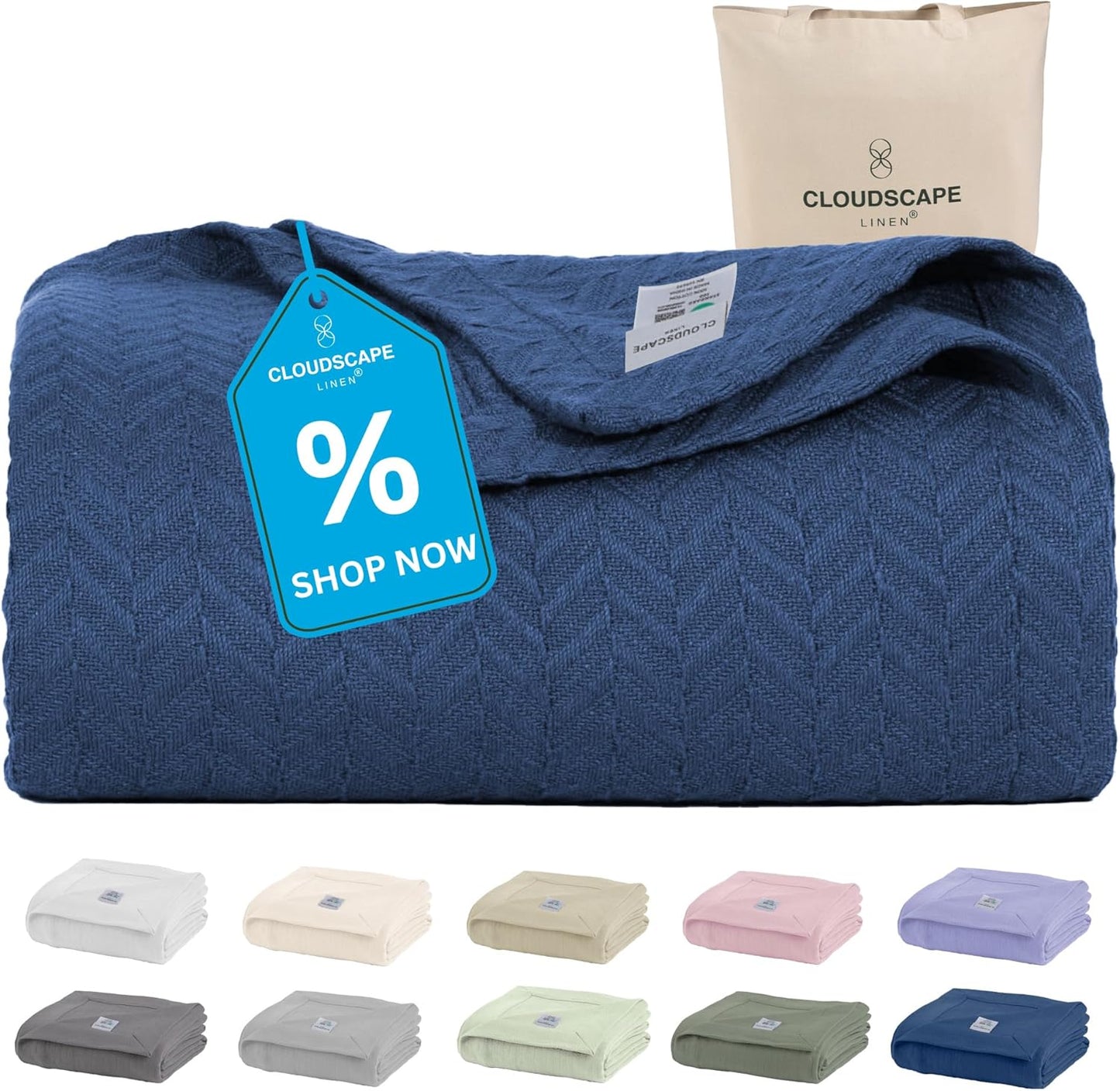 Herringbone Cotton Twin Blanket for Couch, Bed,Sofa, Home Decor, Soft, Lightweight, All-Season Bed Blanket, 68 x92, Ensign Blue