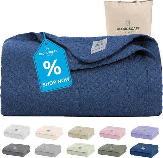 Cloud Scape Linen 100% Cotton Blanket King Size for Bed – Lightweight All Season Blanket, Herringbone Weave, for Women, Mom, Men, fits California King, 92x108, Ensign Blue