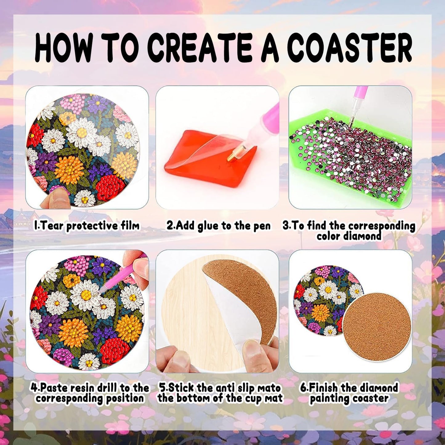 DOZEEZOP 8 PCS Flowers Diamond Art Coasters Kit, 5D Diamond Painting Coasters with Holder, Fall Small Diamond Art Kits for Adults Beginners, Diamond Dots Arts and Crafts Supplies