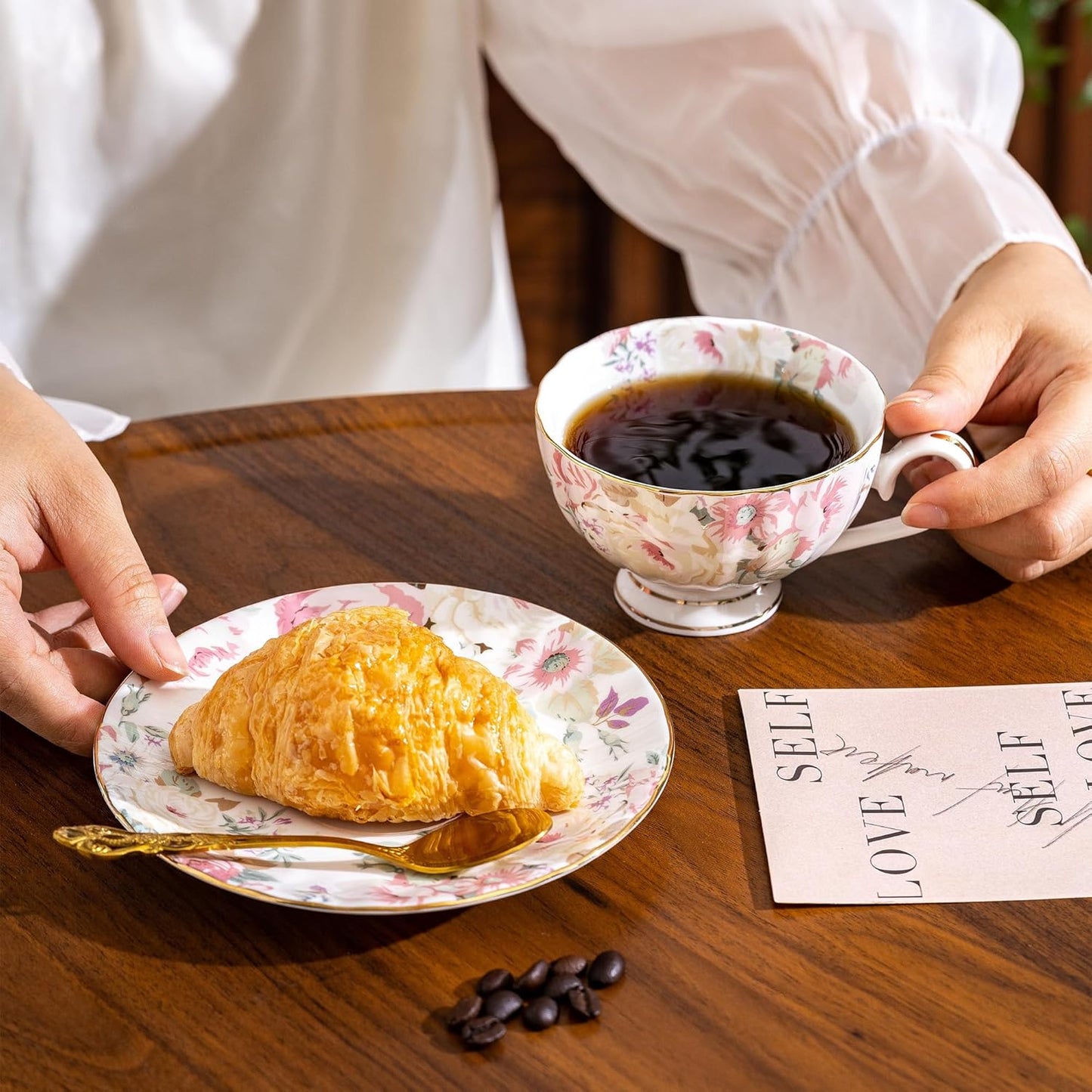 fanquare Pink Floral Tea Cup and Saucer Set with Spoon, 8 Ounce Porcelain Coffee Cup with Gold Trim, Vintage Peony Teacups for Women and Tea Parties