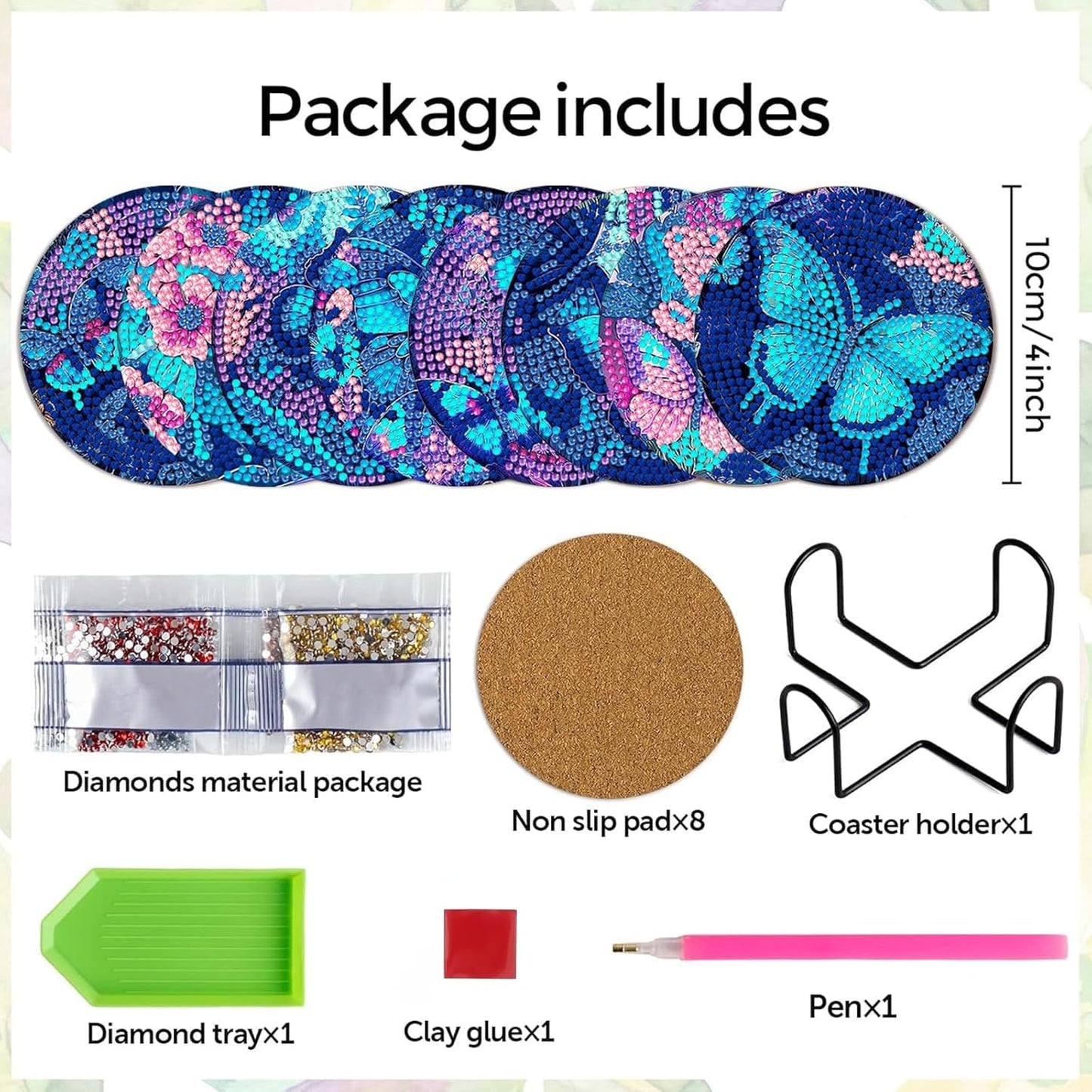 DOZEEZOP 8 PCS Diamond Painting Coasters with Holder, Diamond Art Coasters Kit, Fall Diamond Art Kits for Adults Beginners, Arts and Crafts Supplies Party Item Sets Butterfly Style