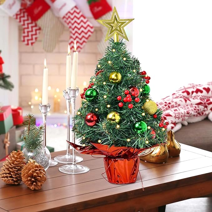 Tabletop Christmas Tree with LED String Lights,22In Pre-Decorated Mini Artificial Christmas Tree for Desktop,Star Treetop and Colored Oranments for Home Indoor Holiday Christmas Decoration-Yellow