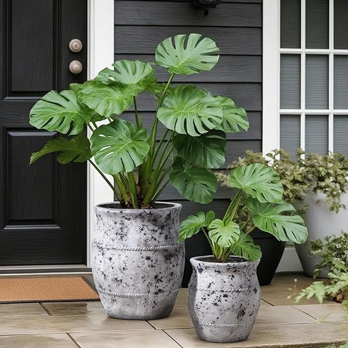 Yundu Concrete Plant Pot Set of 2, The Large planters for Indoor Plants, 13.8 & 10.8 inch pots for Plants, Plant pots Indoor with Drainage Modern décor for Home, Office and Outdoor Décor