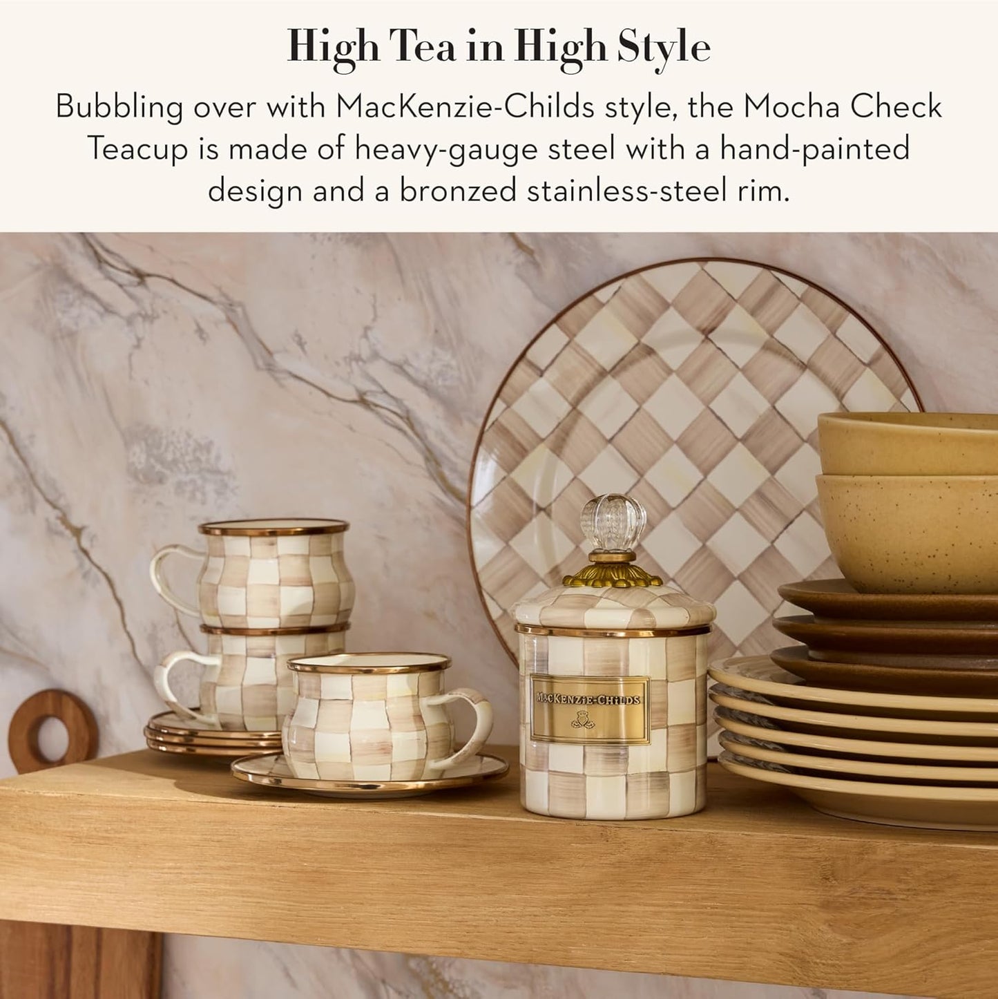 MACKENZIE-CHILDS Enamel Teacup, Unique Coffee and Tea Mug, Enamel Cup for Hot Tea, 10 Ounces, Brown-and-White Mocha Check