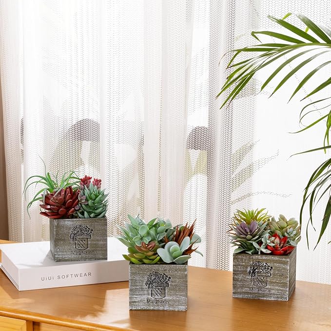 Mingfuxin Succulents Plants Artificial with Light, Small Fake Plants in Pots for Home Decor, Potted Decorative Succulents Plants for Table Desk Bathroom Office Room Decor
