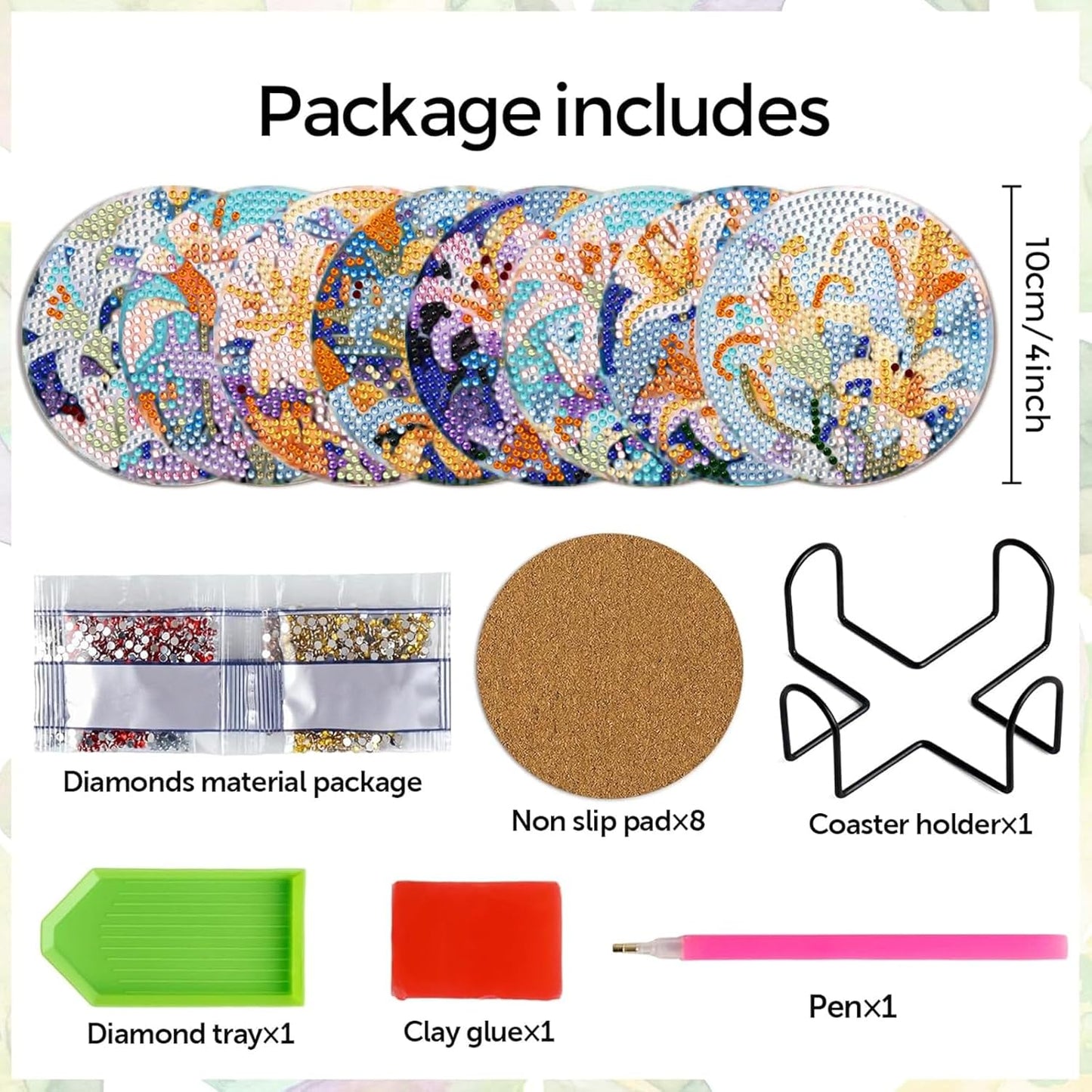 DOTSOPS 8 Pieces Flower Diamond Painting Coasters with Holder - Landscape Diamond Art Coasters with Cork Base for Beginners Adults & Craft Supplies Party