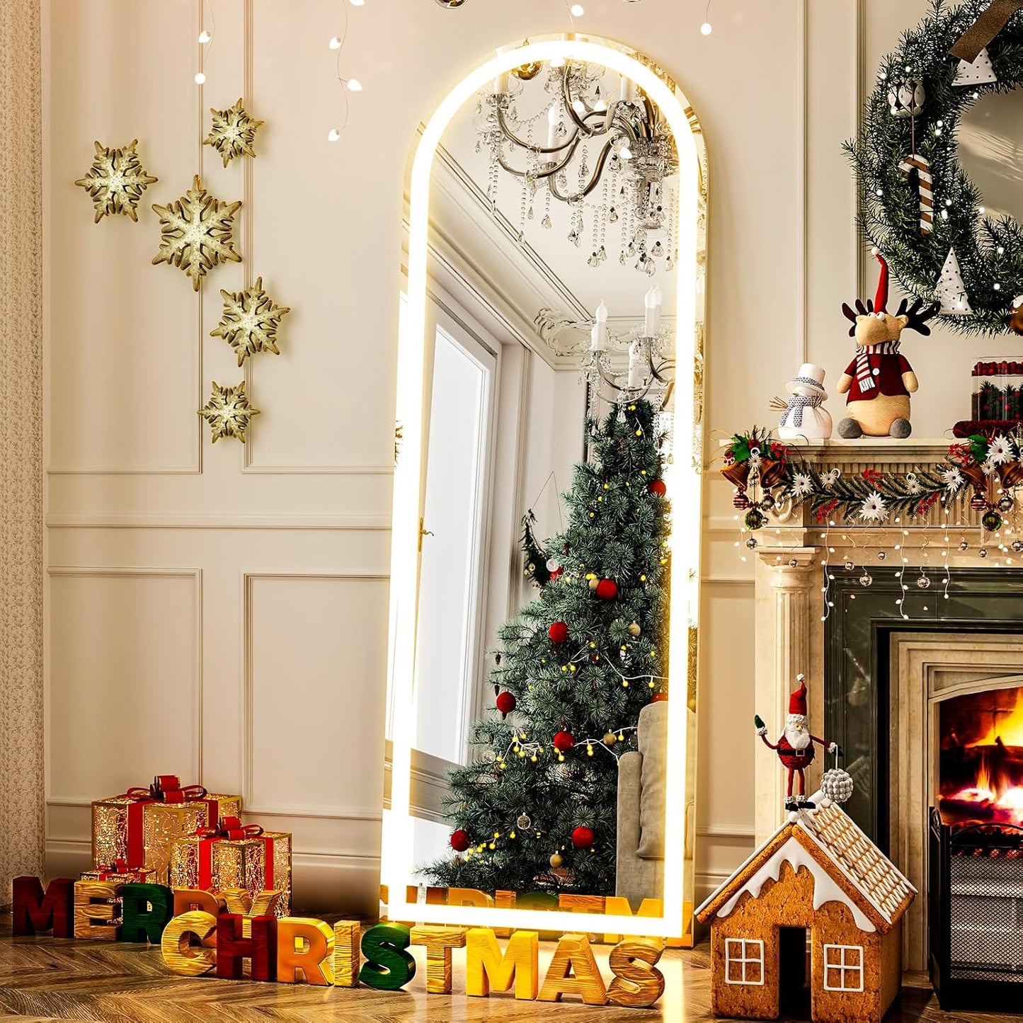 GLSLAND Arched LED Full Length Mirror 64" x 21" Arch Floor Body Standing Mirror with Lights Dimming Wall Mounted Hanging Floor Mirror for Bedroom