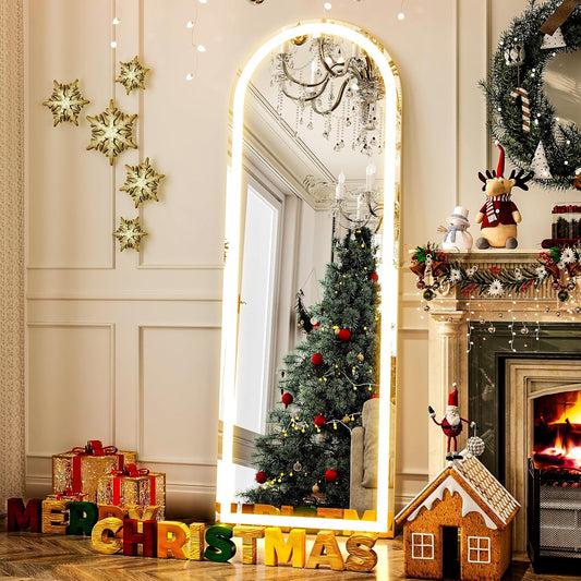 GLSLAND Arched LED Full Length Mirror 64" x 21" Arch Floor Body Standing Mirror with Lights Dimming Wall Mounted Hanging Floor Mirror for Bedroom