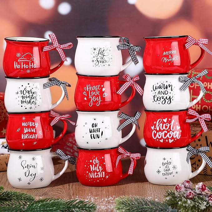 Zubebe Christmas Coffee Mugs Set of 12, 12 oz Hot Cocoa Ceramic Holiday Mugs Set for Mom, Woman, Family, Friend - Farmhouse Tiered Tray Decor, Coffee Bar Decor(Red, White)
