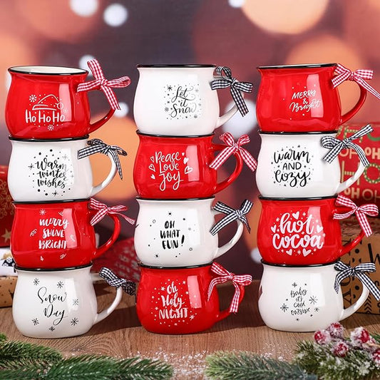 Zubebe Christmas Coffee Mugs Set of 12, 12 oz Hot Cocoa Ceramic Holiday Mugs Set for Mom, Woman, Family, Friend - Farmhouse Tiered Tray Decor, Coffee Bar Decor(Red, White)
