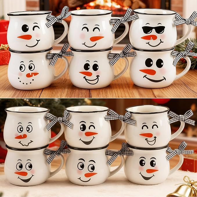 Zubebe Christmas Coffee Mugs Set of 12, 12 oz Hot Cocoa Ceramic Holiday Mugs Set for Mom, Woman, Family, Friend - Farmhouse Tiered Tray Decor, Coffee Bar Decor (White,Snow Man)