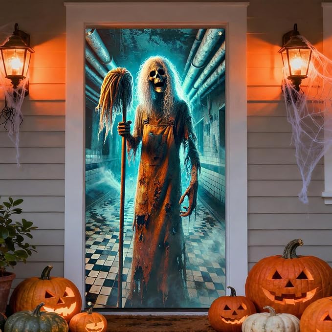 IVN Horror Door Banner 35x71 Inch Skeleton With Long White Hair Holding Mop Abandoned Corridor Background Blue Light Smoke Haunted Halloween Porch Decoration Scary Spooky Horror Theme