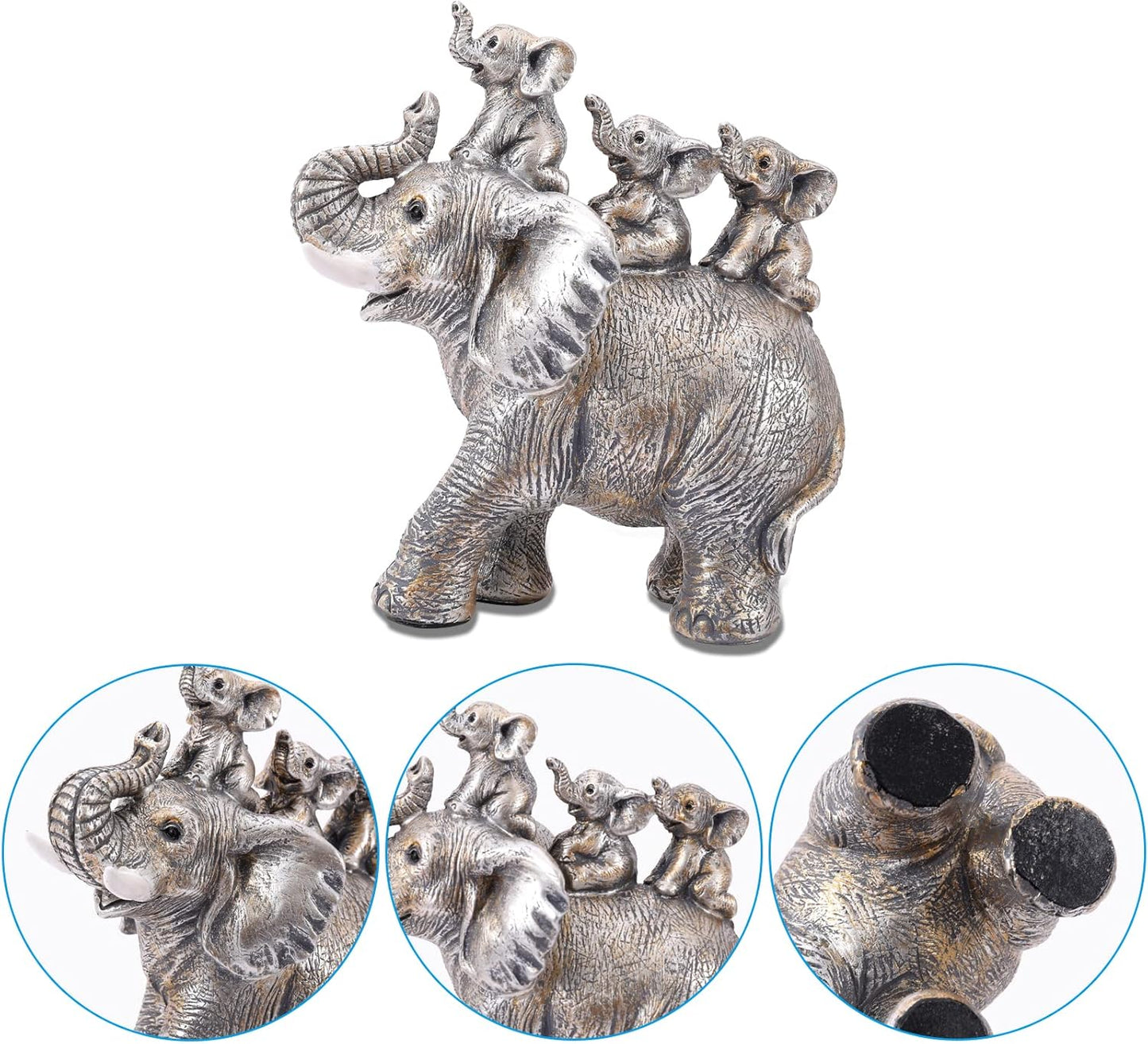 Cute Silver Elephant Statue Good Luck Elephant Carries Three Calves on Its Back Figurines Décor for Shelf Good Gifts for Women Decoration for Living Room, Bedroom, Office