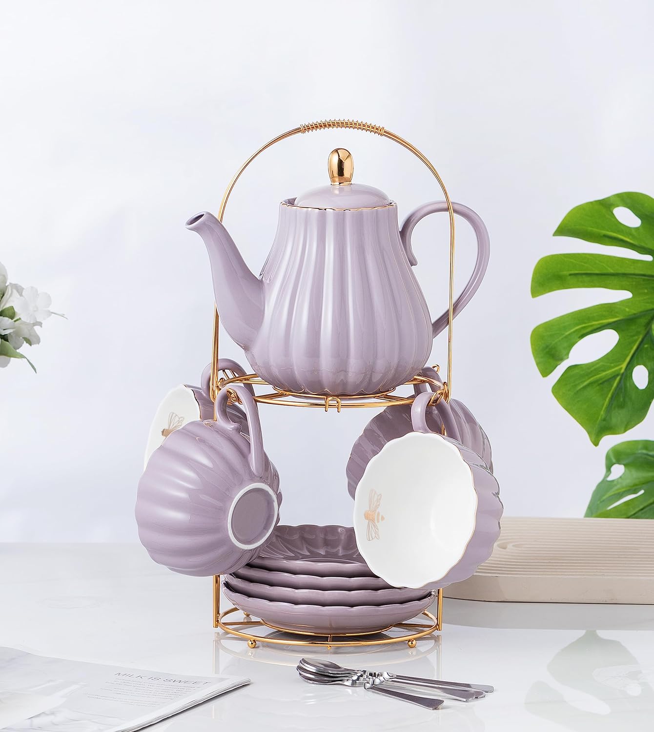 CLAY TONIC-- 8 OZ Fine China Purple Coffee Cup/Teacup Set, Cups & Saucer, with Teapot-Sugar Bowl-Cream Pitcher Teaspoons and tea strainer for Tea/Coffee,17-Pieces- Service for 4 (Purple)