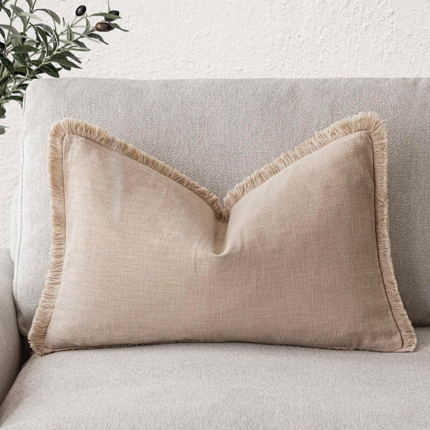Foindtower Decorative Linen Fringe Throw Pillow Covers Cozy Boho Farmhouse Cushion Cover with Tassels Soft Accent Pillowcase for Chair Sofa Bed Living Room Home Decor, 12×24 Inch, 1PC,Tan Beige
