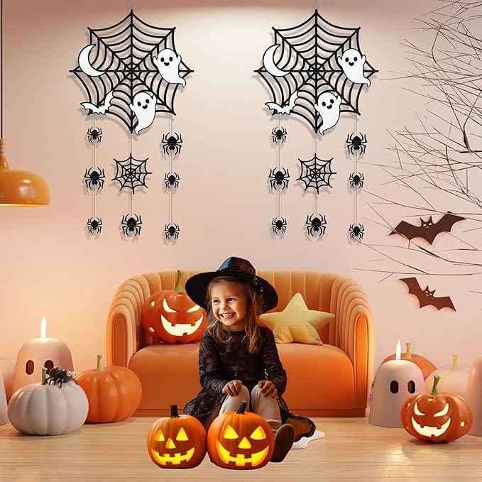 2Pcs Halloween Hanging Decorations, Spider Spiderweb Bat Ghost Door Decorations, Happy Halloween Sign Decoration Welcome Sign Hanging Ornaments for Home Wall Door Decor Party Supplies