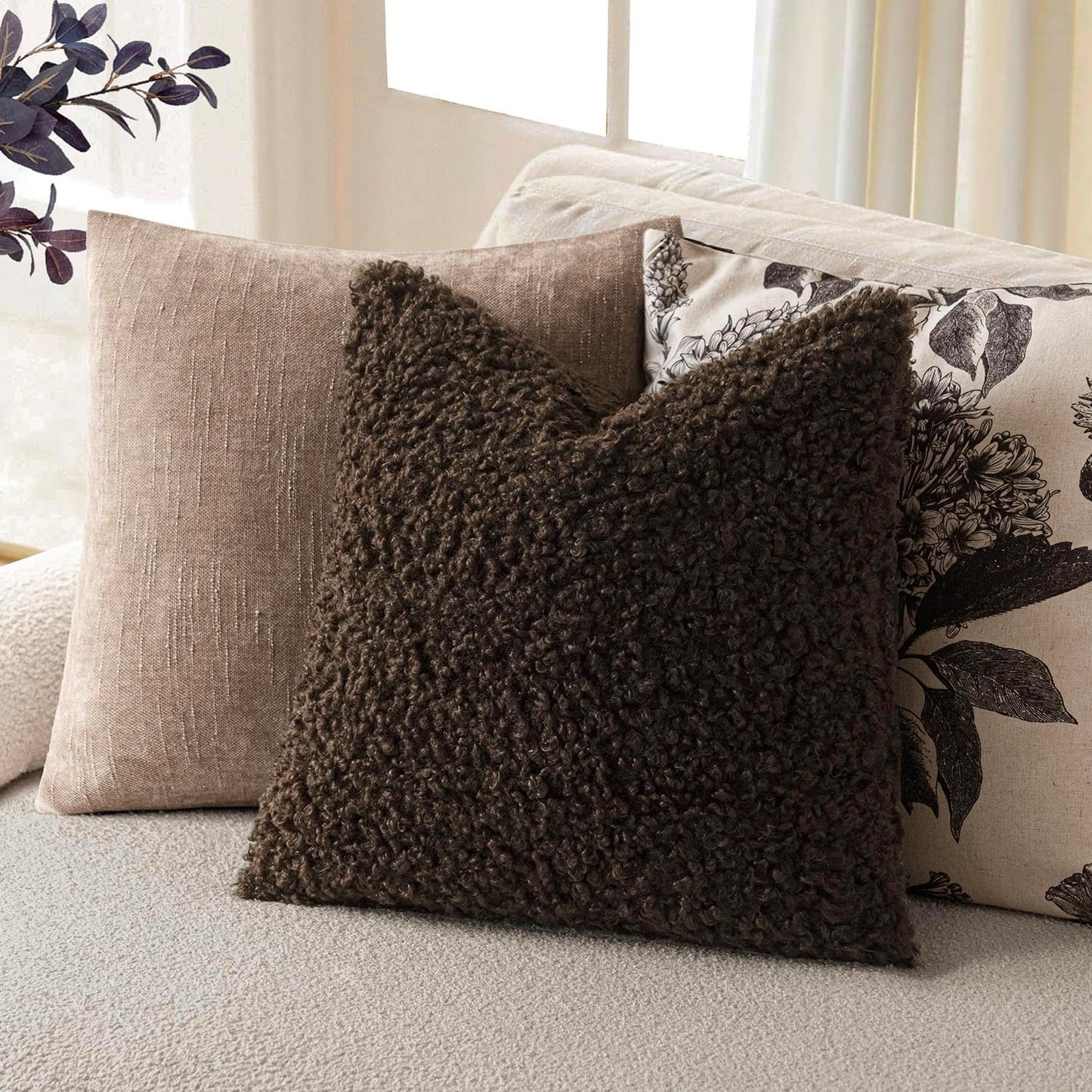 Foindtower 2 Pieces 26x26 Inch Dark Brown, Faux Fur Throw Pillow Cover Accent Sherpa Furry Pillow Covers Fuzzy Soft Pillowcases Cozy Sheepskin Decorative Fleece Cushion Case for Bed Couch Living Room