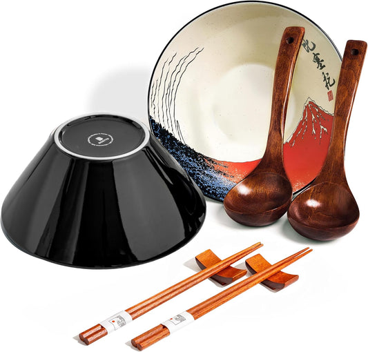 Japanese Ramen Bowl Set with Red Fuji Design - 60oz Large Ceramic Bowls, Spoons, Chopsticks for Ramen, Pho, Salad, Poke - Premium Gift for Ramen Lovers - Microwave & Dishwasher Safe