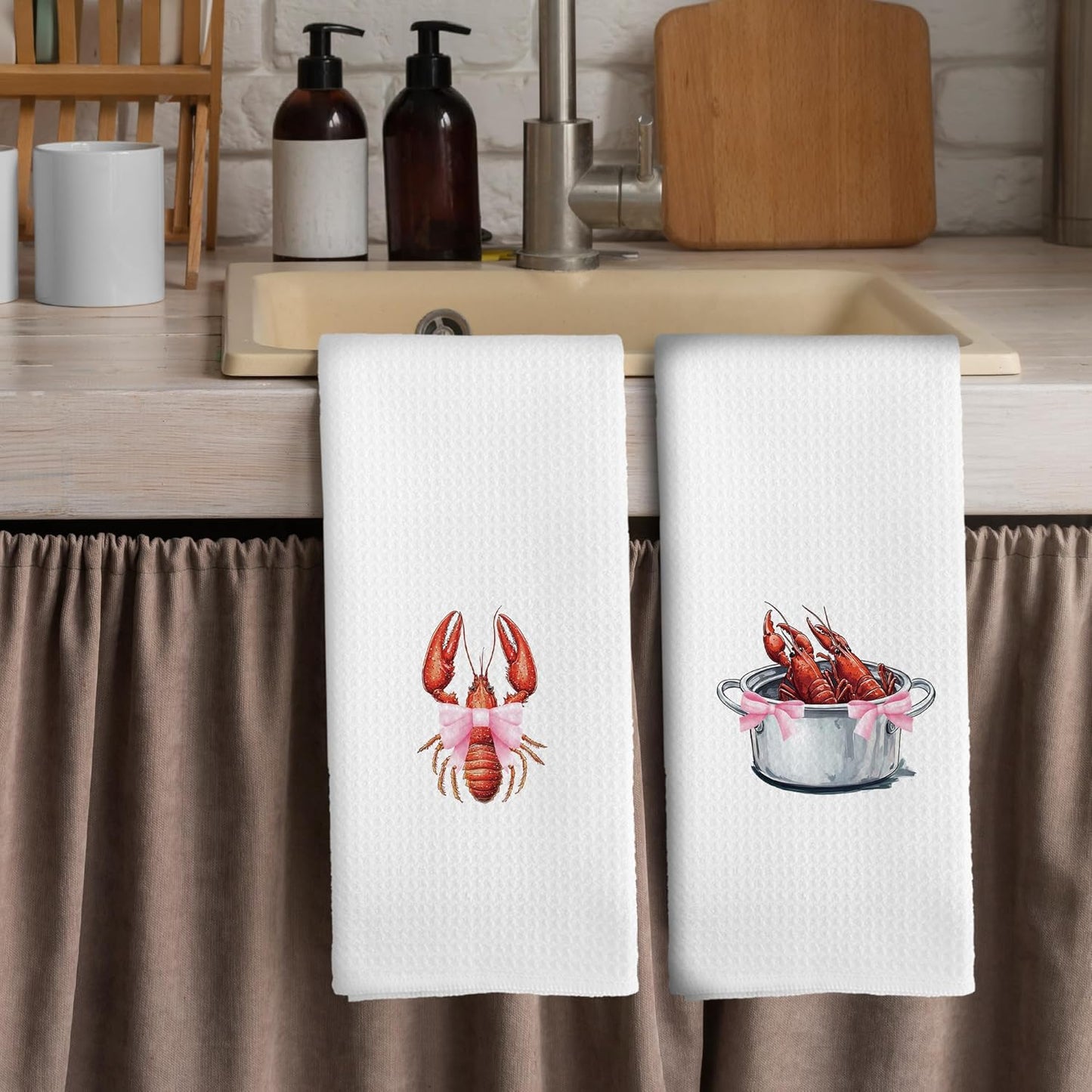 Coquette Crawfish Kitchen Towels - Preppy Coastal Seafood Boil Dish Towels, Ocean Beach Lobsters Decorative Absorbent Dishcloths Hand Towel Set of 2 for Beach House Kitchen Decor 16x24 Inches