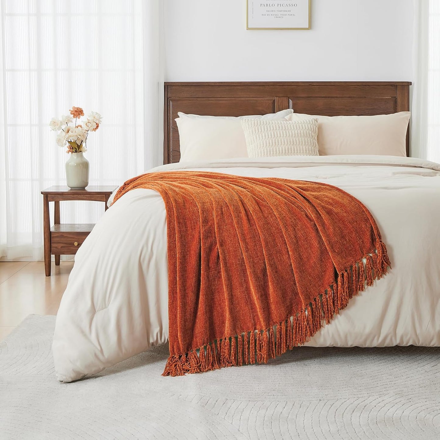 CozeCube Chenille Throw Blanket for Couch, Cozy Plush Fuzzy Decorative Rust Orange Blanket with Fringe Tassels, Lightweight Throws for Bed Sofa Gift Home Decor, 50"X60"