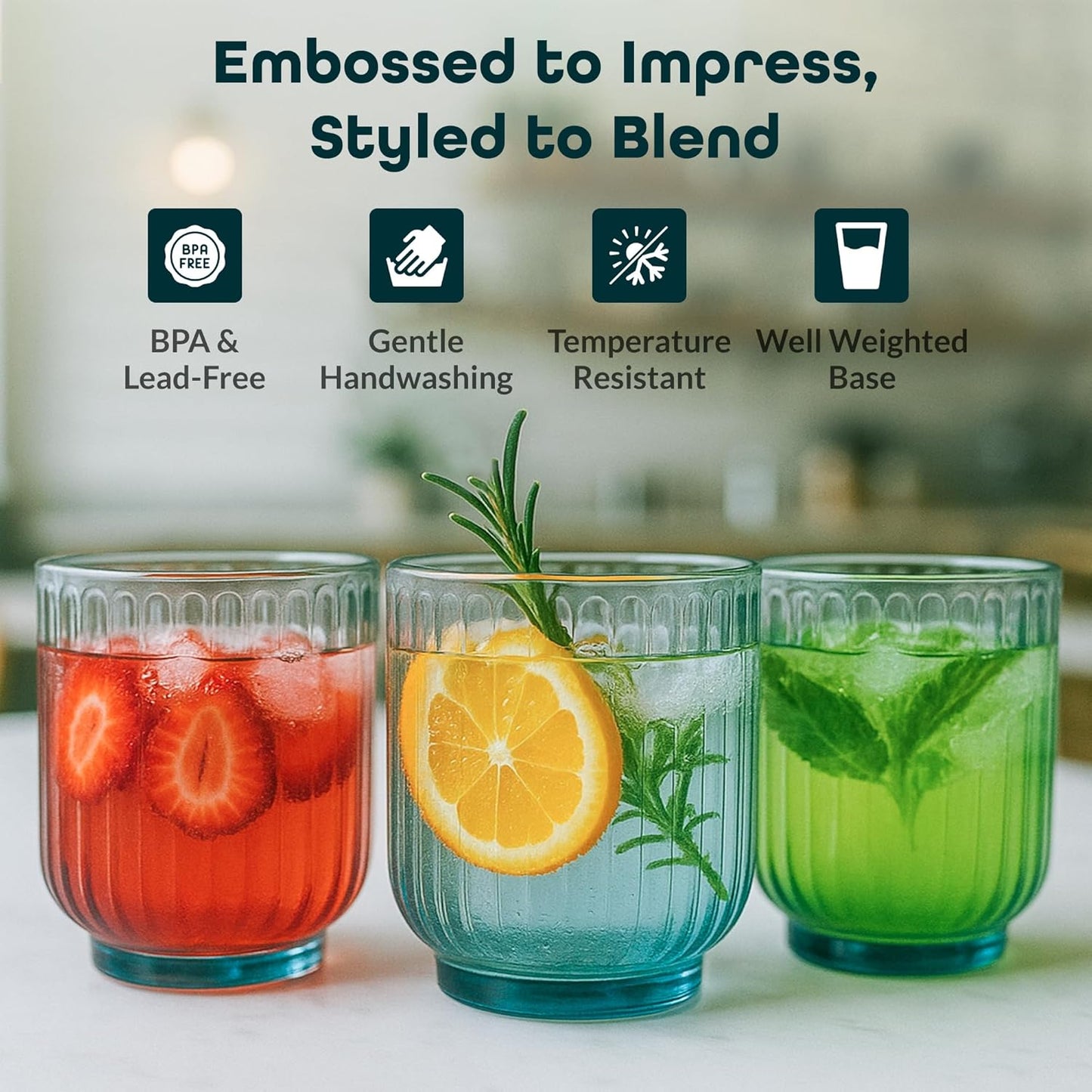 Glaver's Vintage Glassware Art Deco Glasse Ribbed Drinking Glasses U-Shape Arch Design Colored Cocktail Kitchen Tumblers Everyday Dinner Decorative Party, Blue (Blue S/4 11oz)