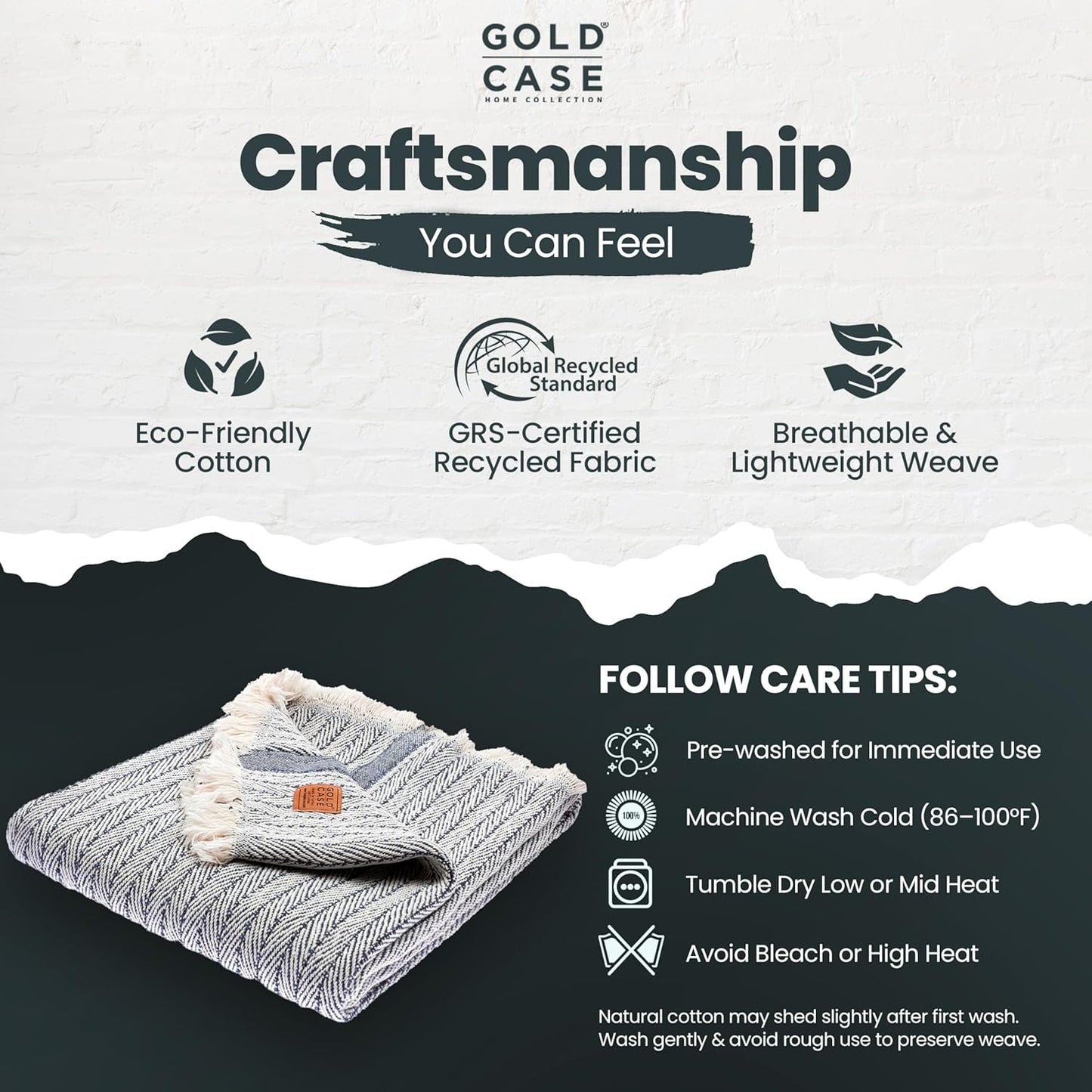 Gold Case Throw Blanket for Couch - 100% Recycled Turkish Cotton Blankets & Throws - Vintage Soft Throw Blankets for Living Room - Boho Decorative Woven Couch Blanket - 60x80 - Navy Blue