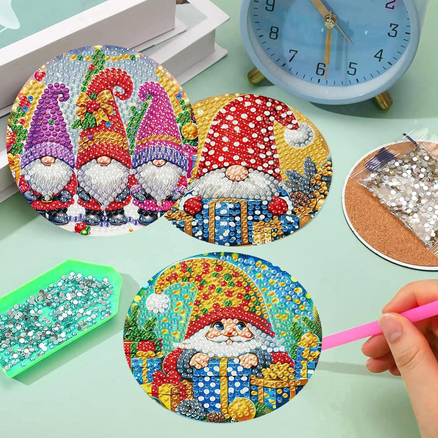 Meothan 8 Pcs Diamond Art Coasters Kits for Adults with Holder Cork Pads, Christmas Diamond Dots Art Painting Coasters Crafts Kit for Home Office Decor (Gnomes Theme)