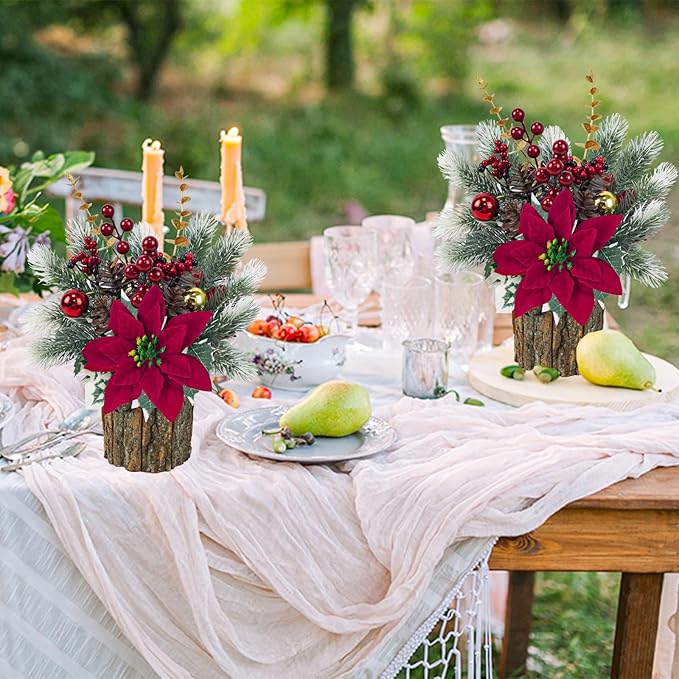 TORONTOKYO 2 Pack Small Christmas Tree Artificial Mini Tabletop Christmas Tree with Red Poinsettia Flower Berries Pine Cones Fake Potted Plant for Home Table Fireplace Mantel Indoor Xmas Decor