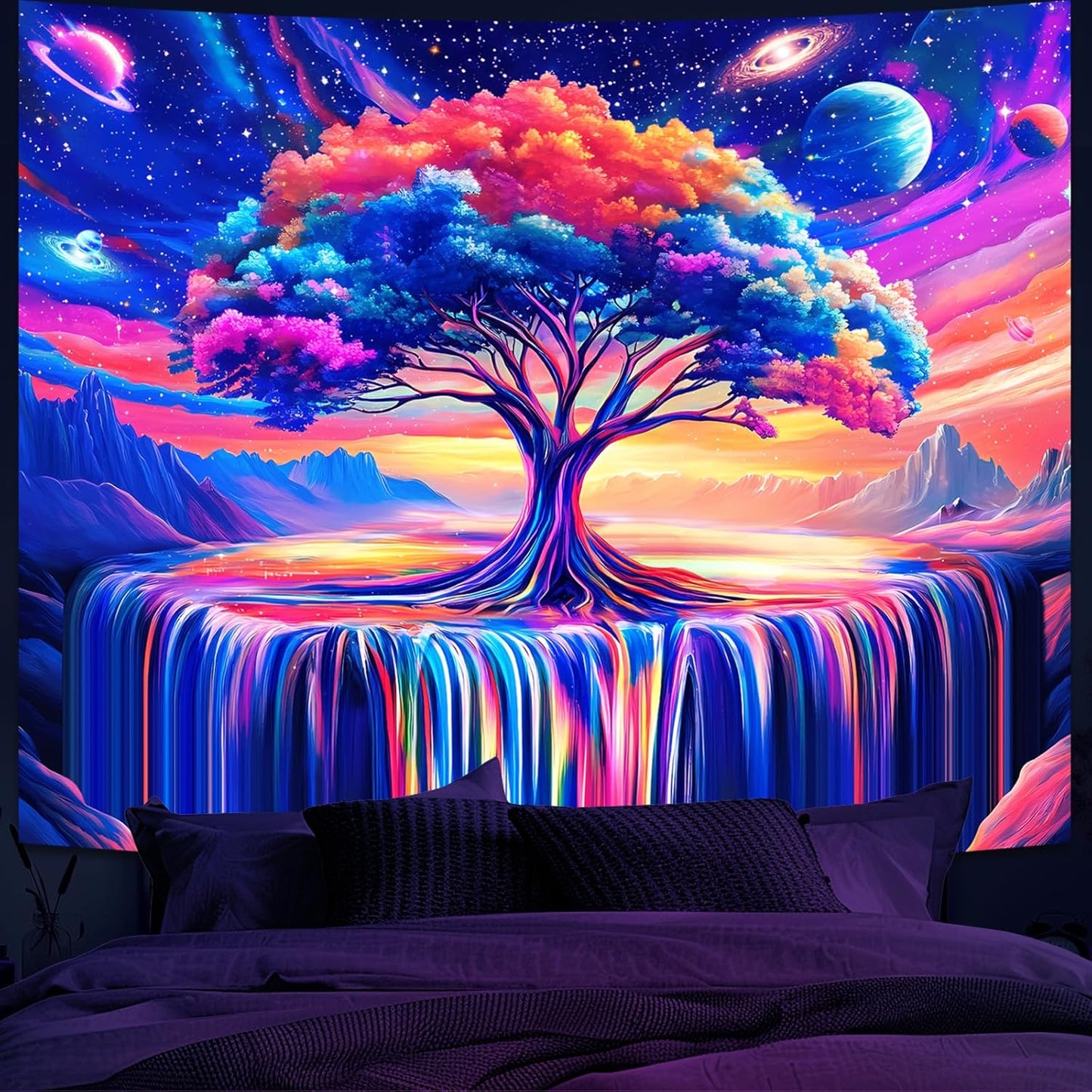 Extra Large Blacklight Tree of Life Tapestry for Bedroom, Black Light Posters Space Galaxy UV Reactive Art Tapestries Aesthetic, Colorful Starry Sky Wall Hanging for Adults Living Room Dorm Decor (71"x90")