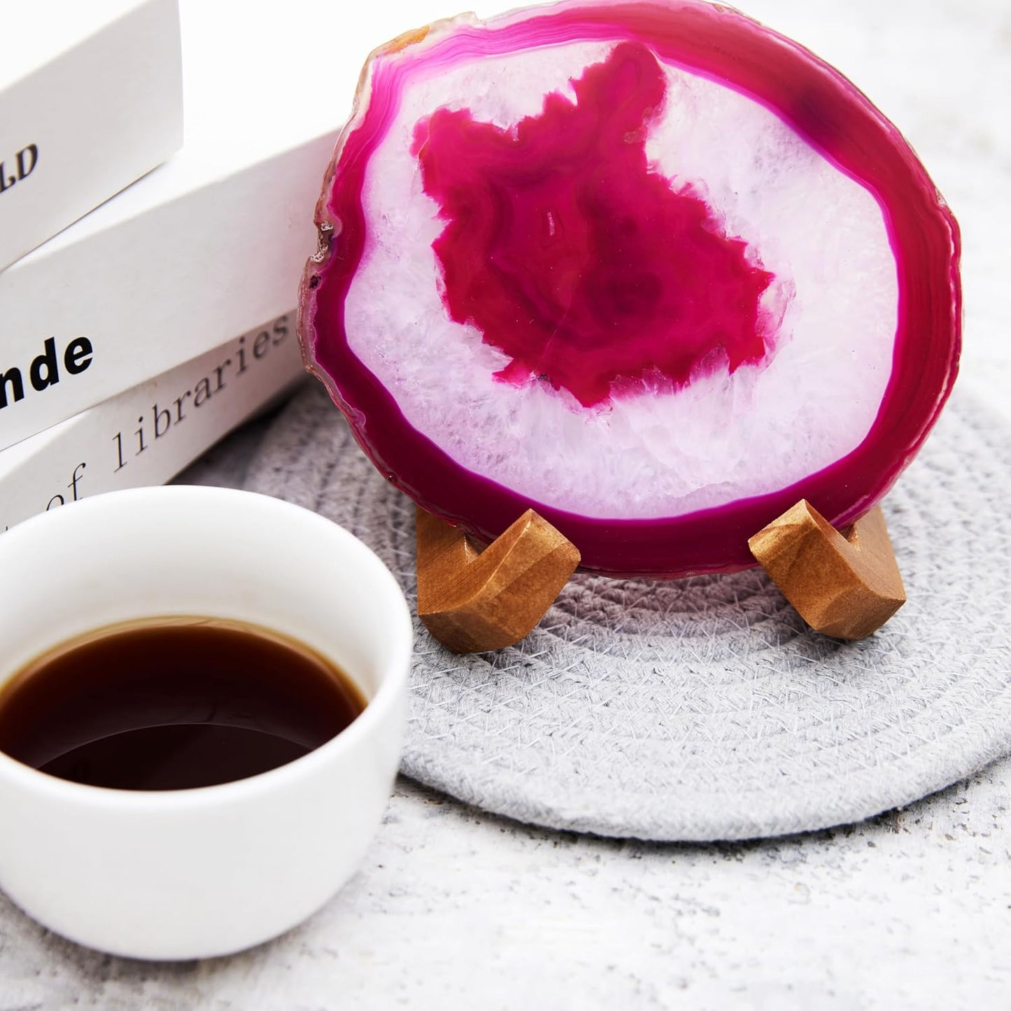 Luxury Lane Large Natural Brazilian Agate Slice Geode Rock Stone Drink Coaster with Wood Holder 4.7-5.5 inch Centerpiece Table Decoration, Rose Pink