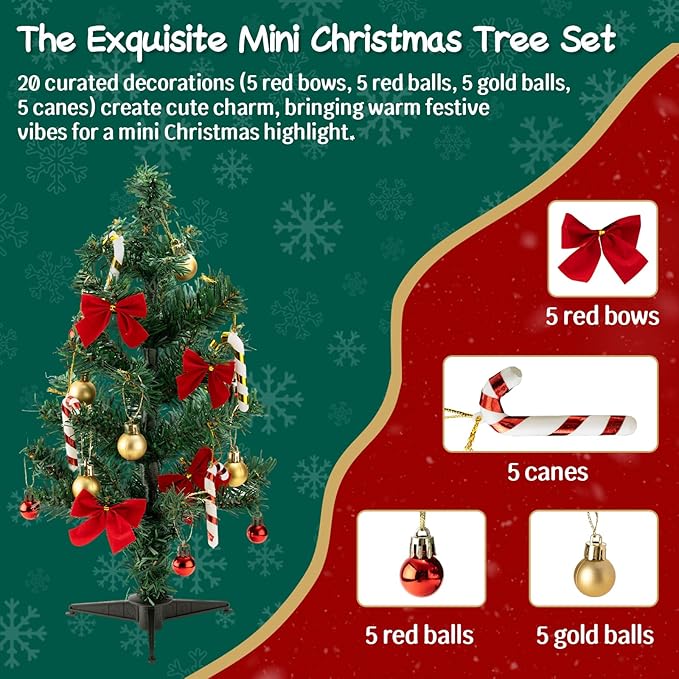 1.5FT Tabletop Christmas Tree, Artificial Mini Christmas Pine Tree with Realistic Branches & Plastic Stand, Small Xmas Tree for Home Office Party Desktop Festival Indoor Decoration, Green